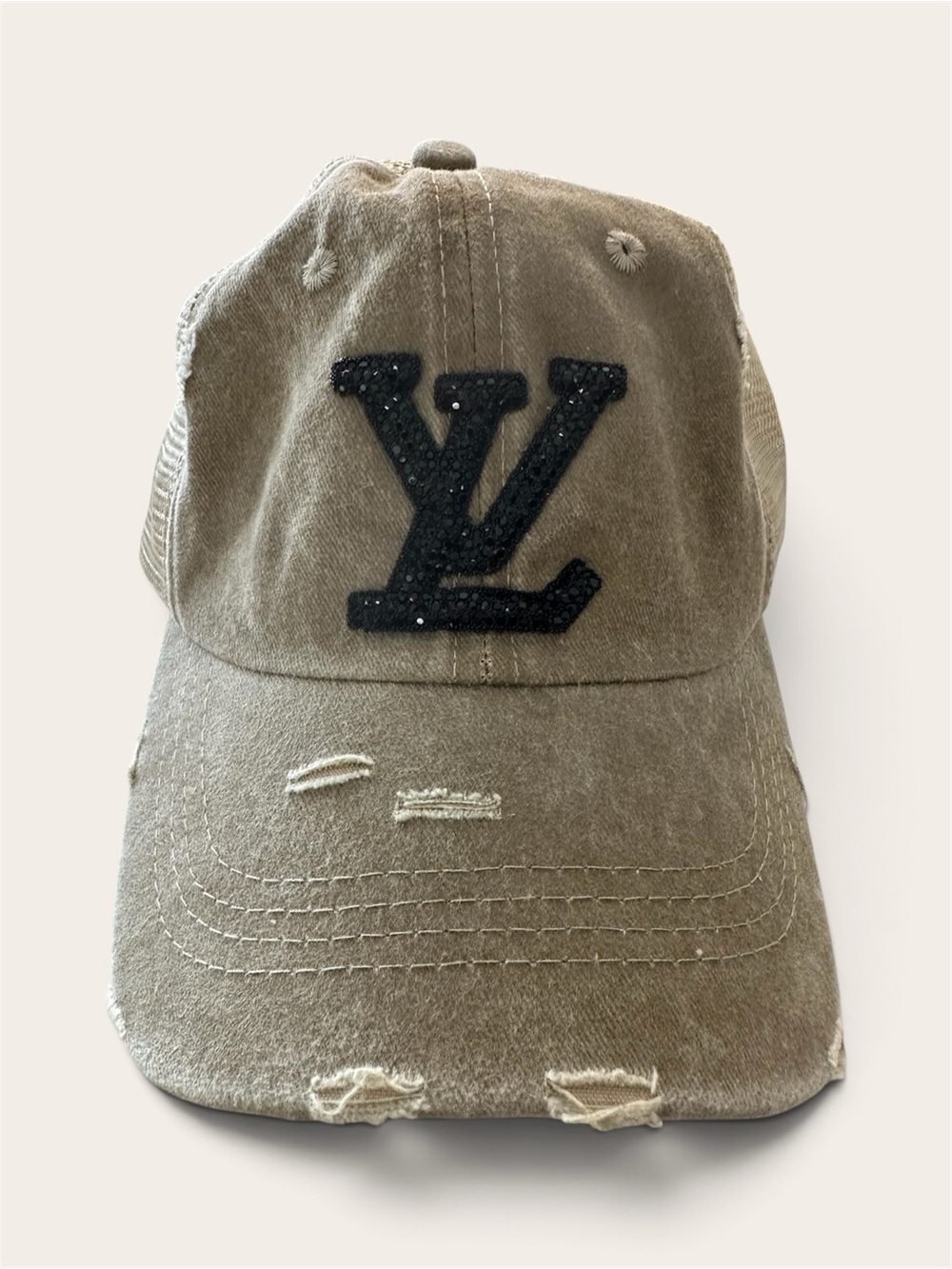 Inspired Distressed Khaki trucker  Cap with Black crystal Logo